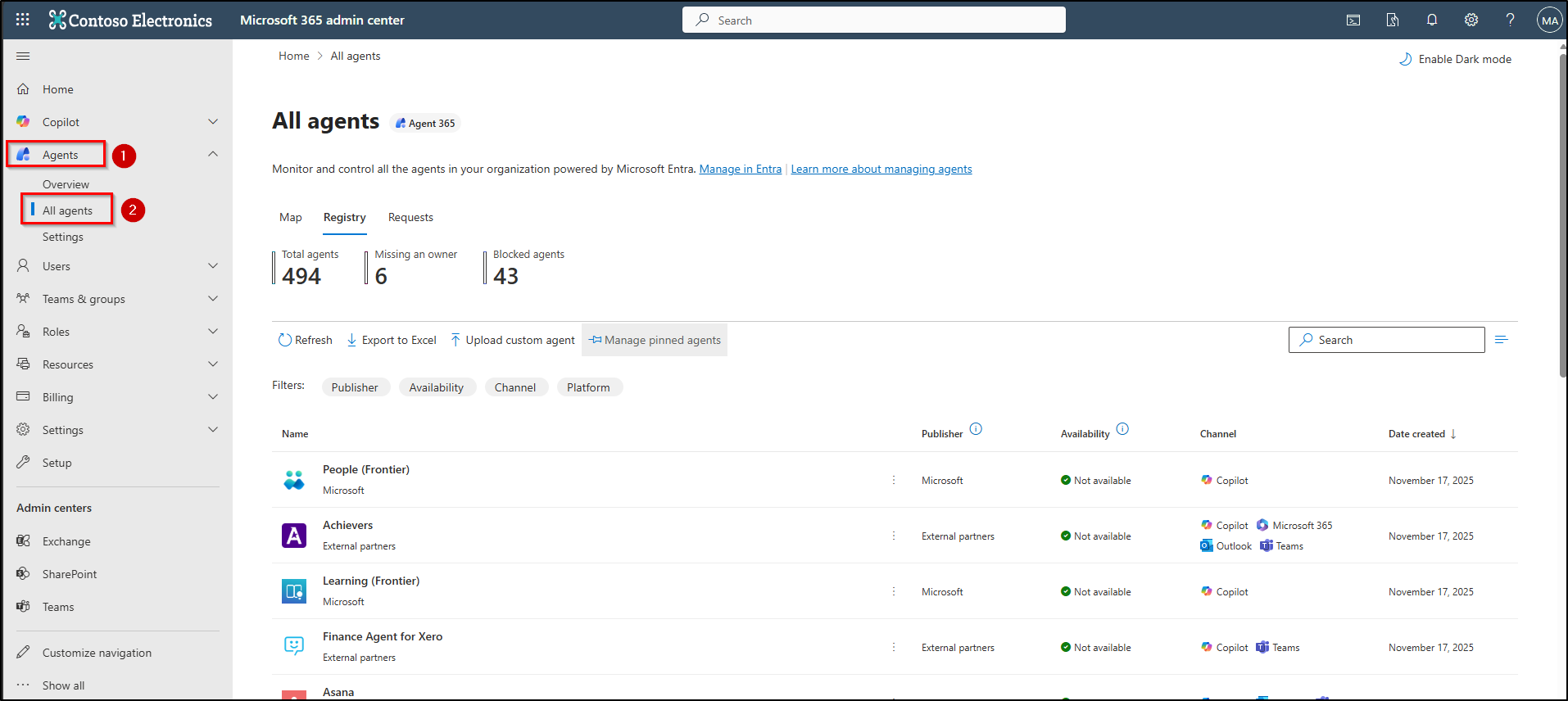 Agents page in Microsoft 365 admin center